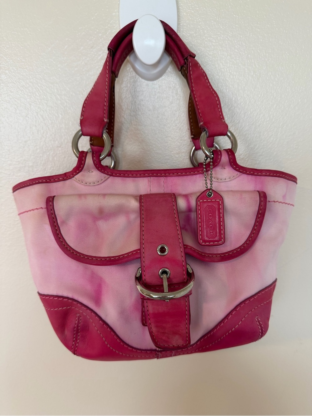 COACH Y2K Two Tone Pink Canvas Leather Trim Mini Tote Bag Buckle Silver Hardware